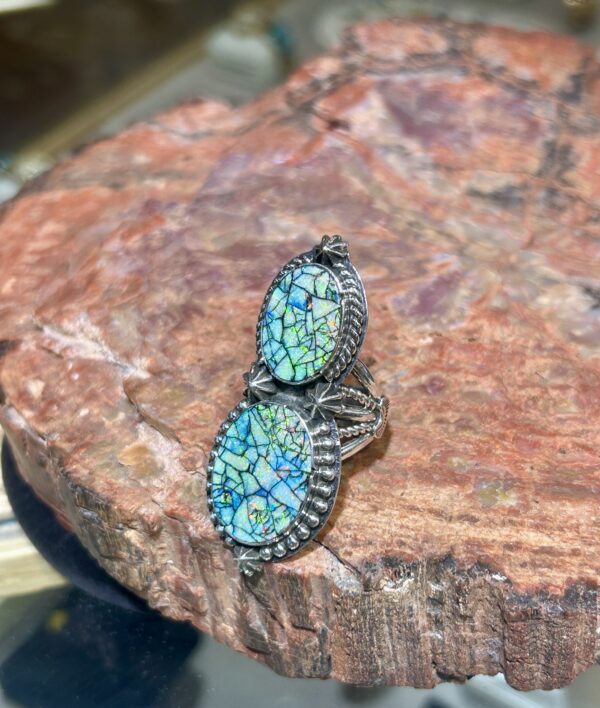 SpiderWeb Sterling Silver Opal Navajo Handmade 2 Stone Ring - Image 7
