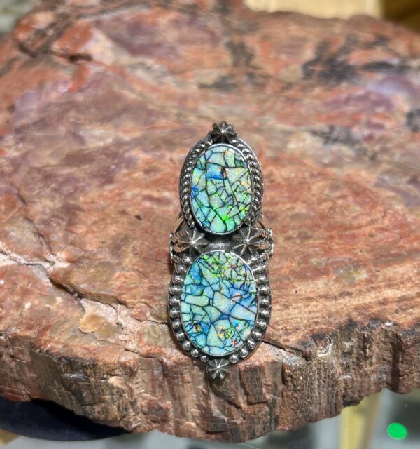 SpiderWeb Sterling Silver Opal Navajo Handmade 2 Stone Ring - Image 2