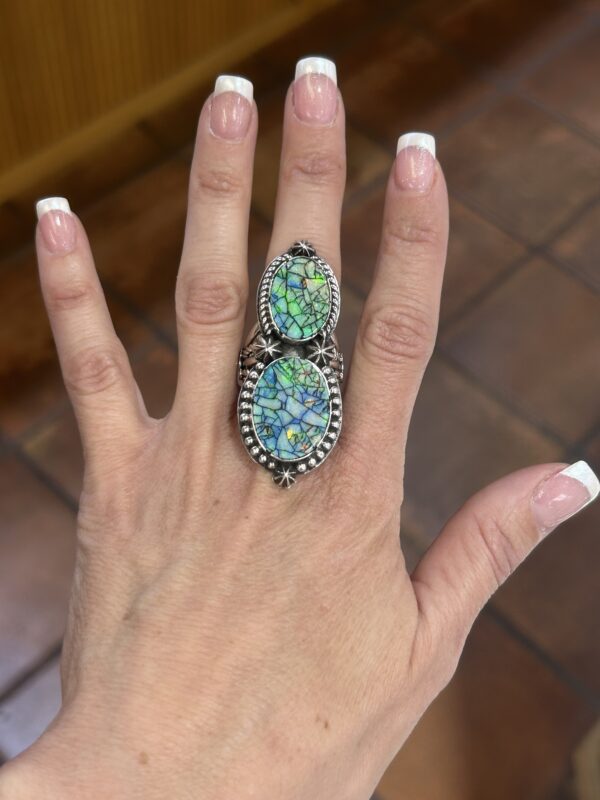 SpiderWeb Sterling Silver Opal Navajo Handmade 2 Stone Ring - Image 9