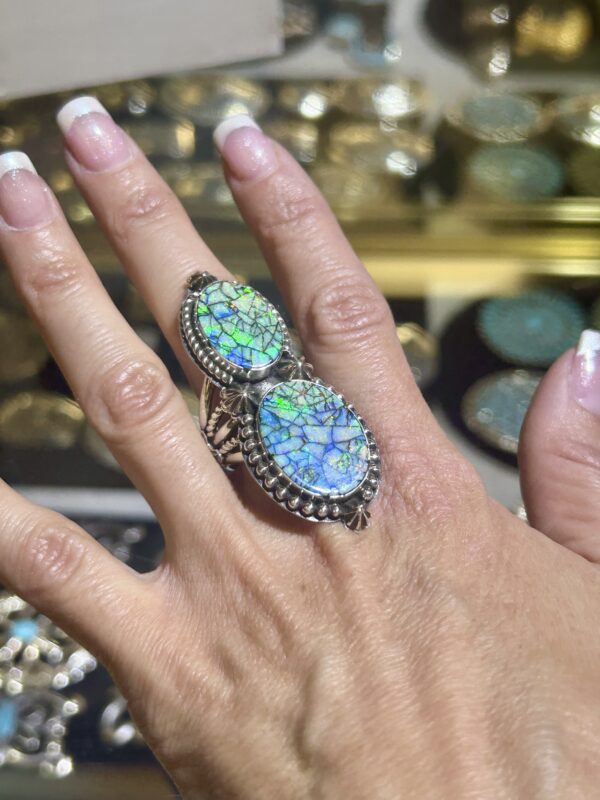 SpiderWeb Sterling Silver Opal Navajo Handmade 2 Stone Ring - Image 3