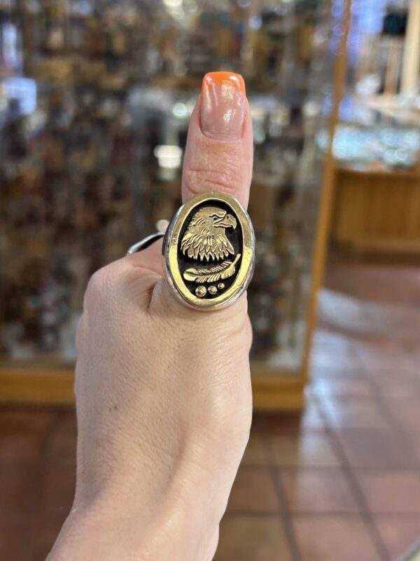 14K Gold Heavy Thick Eagle Head Sterling Silver Navajo Handmade Mens Ring - Image 8