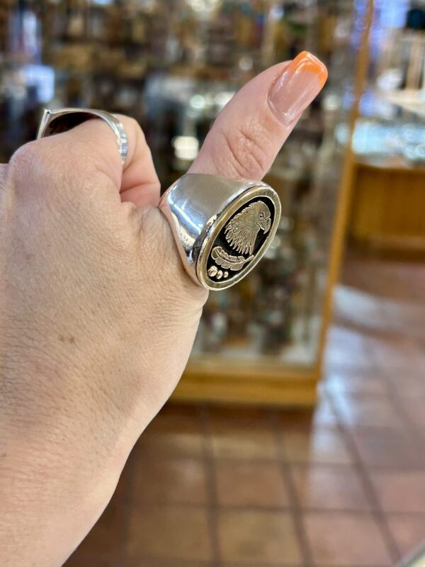 14K Gold Heavy Thick Eagle Head Sterling Silver Navajo Handmade Mens Ring - Image 7