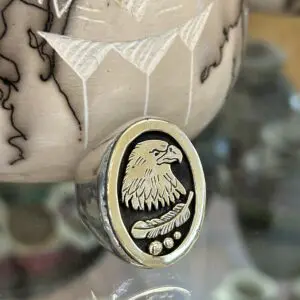 14K Gold Heavy Thick Eagle Head Sterling Silver Navajo Handmade Mens Ring