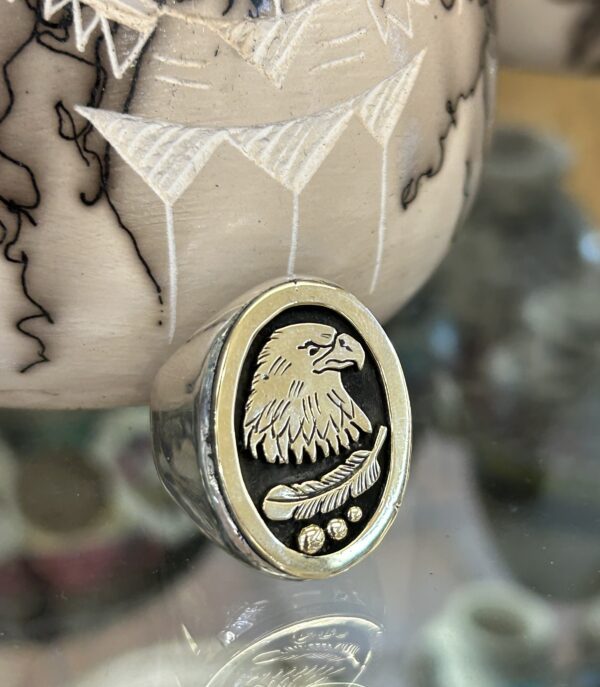 14K Gold Heavy Thick Eagle Head Sterling Silver Navajo Handmade Mens Ring