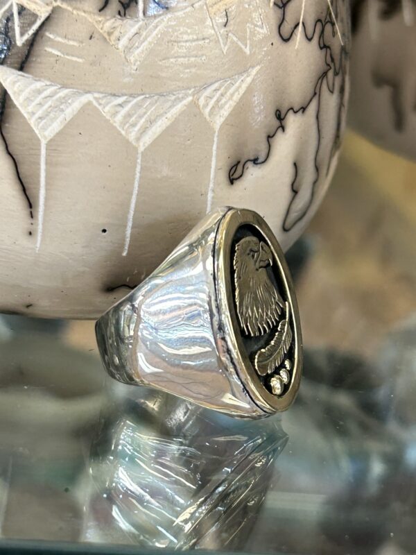 14K Gold Heavy Thick Eagle Head Sterling Silver Navajo Handmade Mens Ring - Image 5