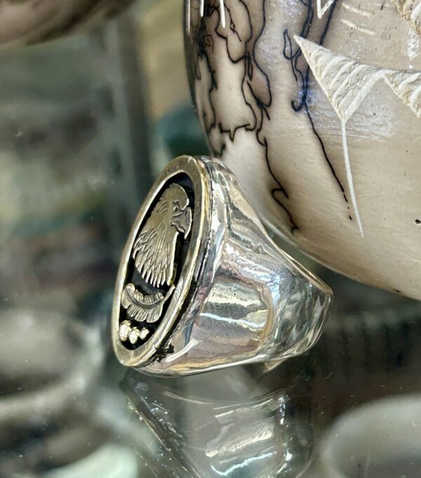 14K Gold Heavy Thick Eagle Head Sterling Silver Navajo Handmade Mens Ring - Image 4