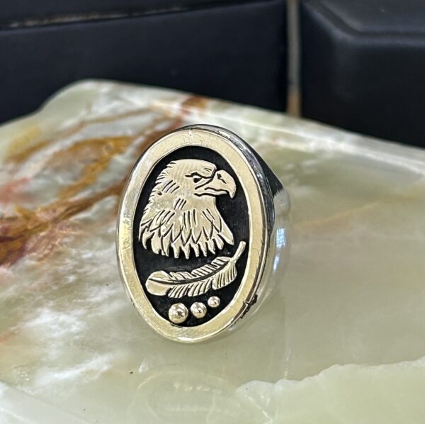 14K Gold Heavy Thick Eagle Head Sterling Silver Navajo Handmade Mens Ring - Image 2