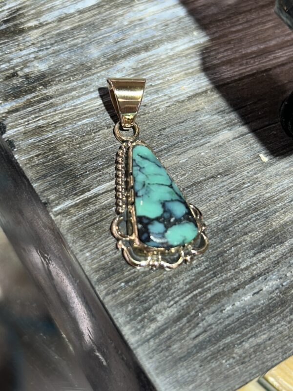 14K Gold Spiderweb Variscite Navajo Handmade Pendant - Image 7
