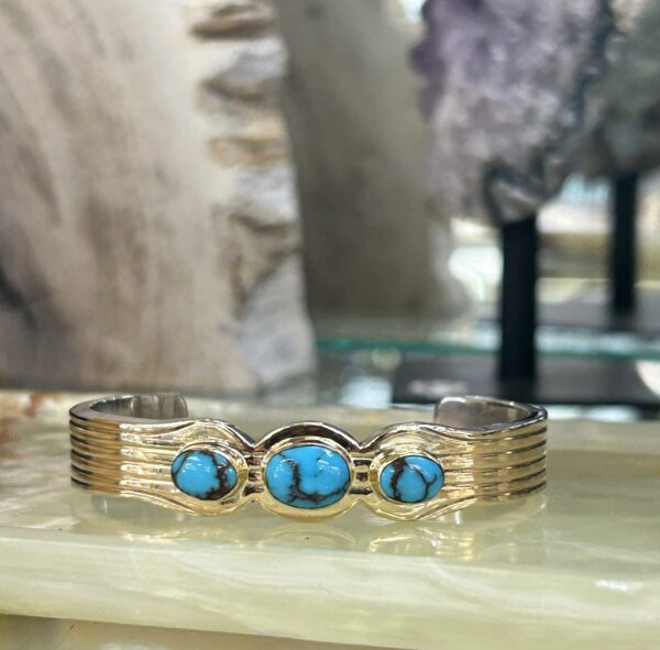 Ray Bennet 14K Gold Egyptian Spiderweb Turquoise Sterling Silver Navajo Cuff Bracelet - Image 8