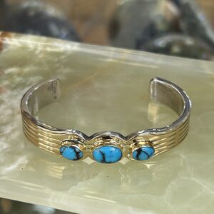 Ray Bennet 14K Gold Egyptian Spiderweb Turquoise Sterling Silver Navajo Cuff Bracelet
