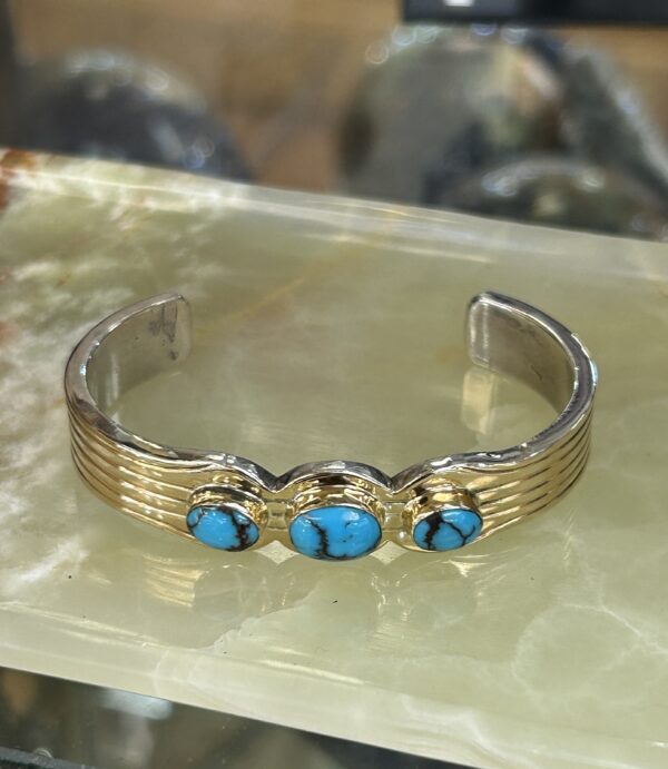 Ray Bennet 14K Gold Egyptian Spiderweb Turquoise Sterling Silver Navajo Cuff Bracelet