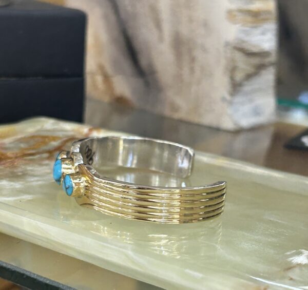 Ray Bennet 14K Gold Egyptian Spiderweb Turquoise Sterling Silver Navajo Cuff Bracelet - Image 7