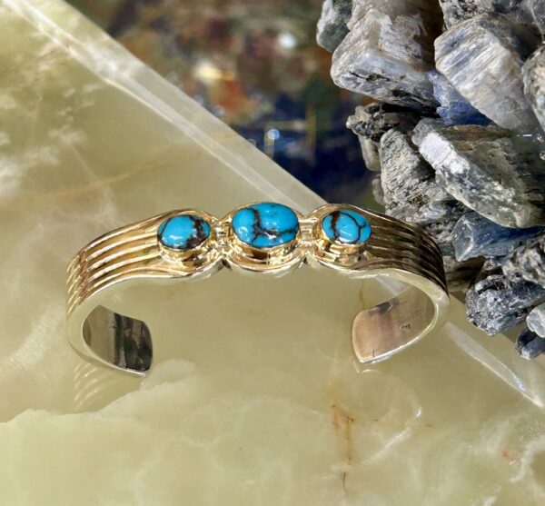 Ray Bennet 14K Gold Egyptian Spiderweb Turquoise Sterling Silver Navajo Cuff Bracelet - Image 3