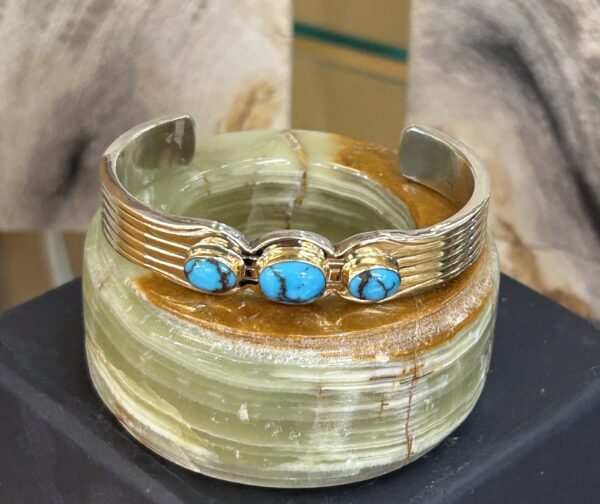 Ray Bennet 14K Gold Egyptian Spiderweb Turquoise Sterling Silver Navajo Cuff Bracelet - Image 2