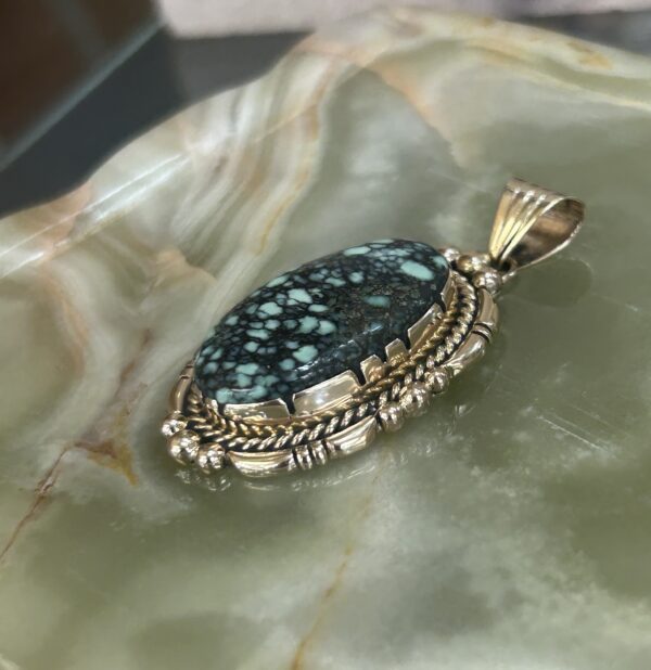 14K Gold Spiderweb Variscite Navajo Handmade Pendant - Image 4