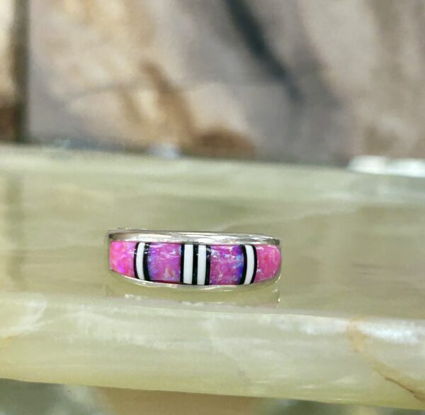 Barbie Pink Opal Inlay Sterling Silver Navajo Handmade Band Ring - Image 9
