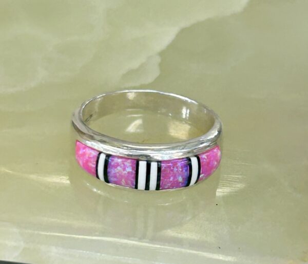 Barbie Pink Opal Inlay Sterling Silver Navajo Handmade Band Ring - Image 8