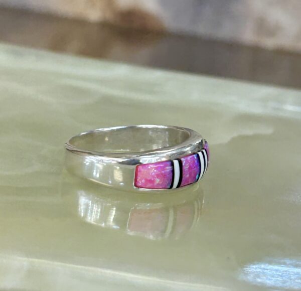 Barbie Pink Opal Inlay Sterling Silver Navajo Handmade Band Ring - Image 7