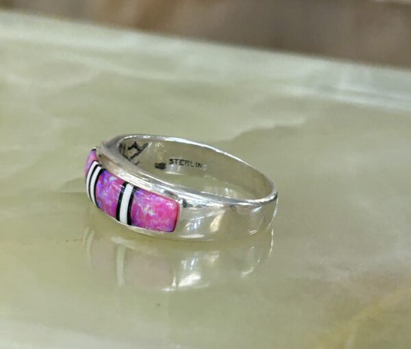 Barbie Pink Opal Inlay Sterling Silver Navajo Handmade Band Ring - Image 6