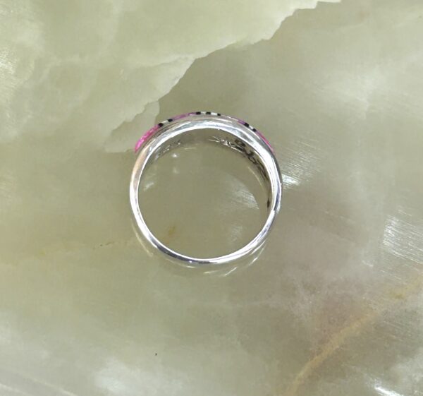 Barbie Pink Opal Inlay Sterling Silver Navajo Handmade Band Ring - Image 5