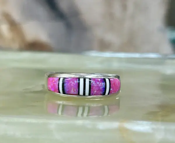 Barbie Pink Opal Inlay Sterling Silver Navajo Handmade Band Ring