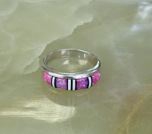 Barbie Pink Opal Inlay Sterling Silver Navajo Handmade Band Ring - Image 4