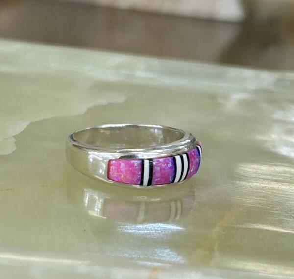 Barbie Pink Opal Inlay Sterling Silver Navajo Handmade Band Ring - Image 3