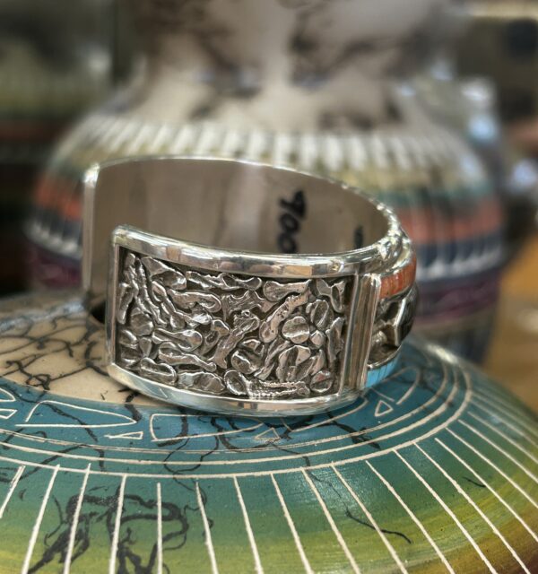 Zuni Handmade Multistone Inlay Coral Sleeping Beauty and Mother of Pearl Sterling Silver Cuff Bracelet - Image 10
