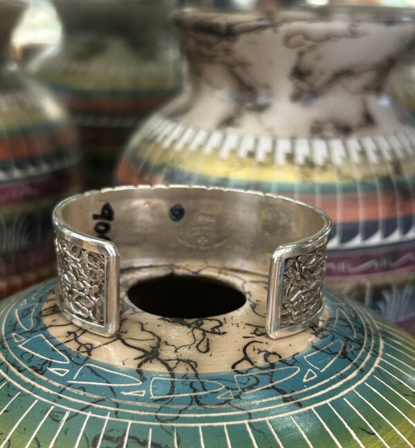 Zuni Handmade Multistone Inlay Coral Sleeping Beauty and Mother of Pearl Sterling Silver Cuff Bracelet - Image 9
