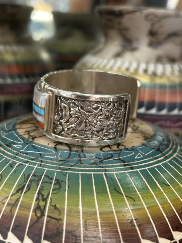 Zuni Handmade Multistone Inlay Coral Sleeping Beauty and Mother of Pearl Sterling Silver Cuff Bracelet - Image 8