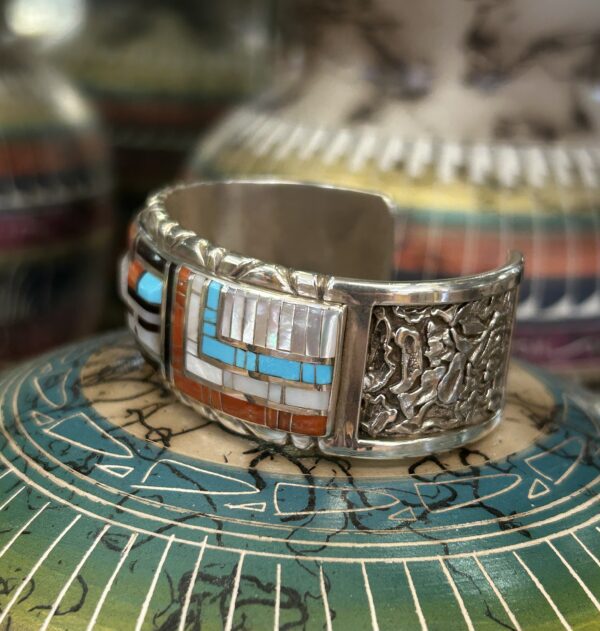 Zuni Handmade Multistone Inlay Coral Sleeping Beauty and Mother of Pearl Sterling Silver Cuff Bracelet - Image 7