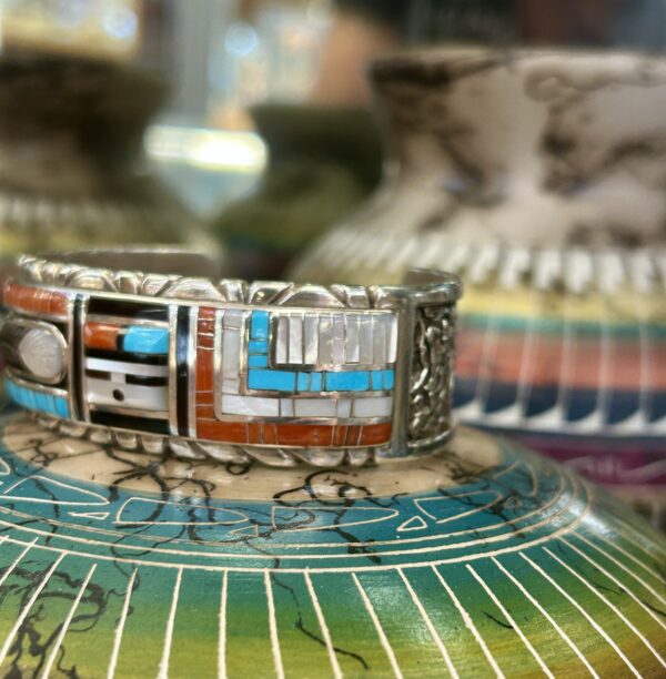 Zuni Handmade Multistone Inlay Coral Sleeping Beauty and Mother of Pearl Sterling Silver Cuff Bracelet - Image 6