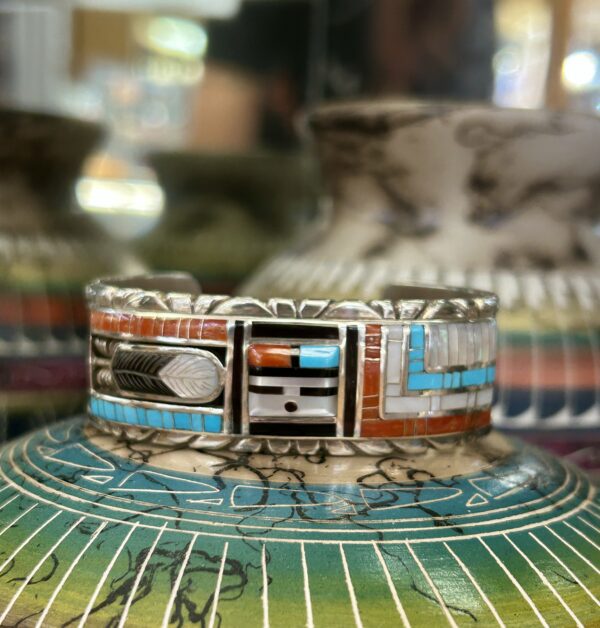 Zuni Handmade Multistone Inlay Coral Sleeping Beauty and Mother of Pearl Sterling Silver Cuff Bracelet - Image 5