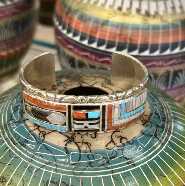 Zuni Handmade Multistone Inlay Coral Sleeping Beauty and Mother of Pearl Sterling Silver Cuff Bracelet - Image 4