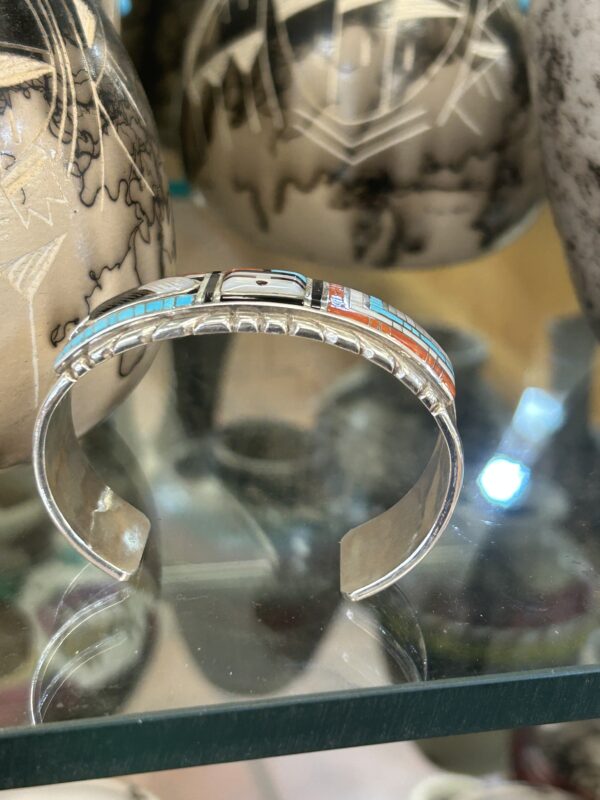 Zuni Handmade Multistone Inlay Coral Sleeping Beauty and Mother of Pearl Sterling Silver Cuff Bracelet - Image 3