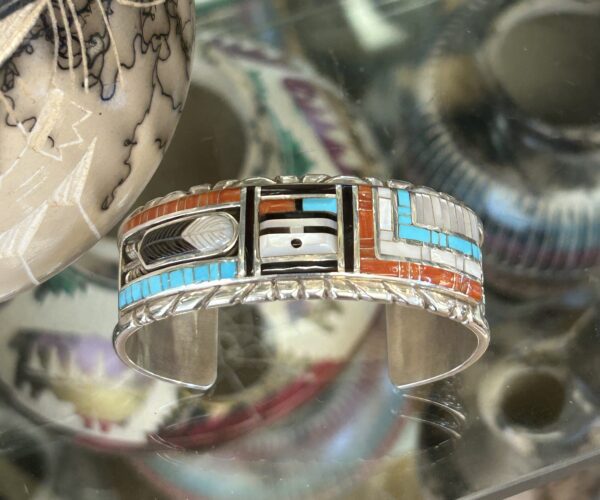 Zuni Handmade Multistone Inlay Coral Sleeping Beauty and Mother of Pearl Sterling Silver Cuff Bracelet - Image 2