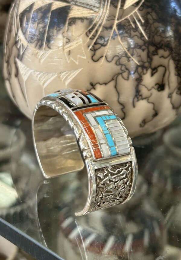 Zuni Handmade Multistone Inlay Coral Sleeping Beauty and Mother of Pearl Sterling Silver Cuff Bracelet - Image 11