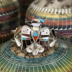 Zuni Handmade Multistone Thunderbird Pen Shell, Coral and Sleeping Beauty Turquoise Sterling Silver Cuff Bracelet