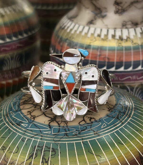 Zuni Handmade Multistone Thunderbird Pen Shell, Coral and Sleeping Beauty Turquoise Sterling Silver Cuff Bracelet