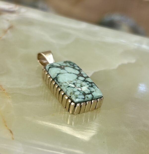14K Gold Navajo Handmade Spiderweb Varicite Square Rectangular Pendant - Image 8