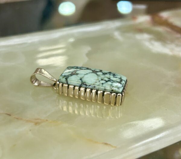 14K Gold Navajo Handmade Spiderweb Varicite Square Rectangular Pendant - Image 7