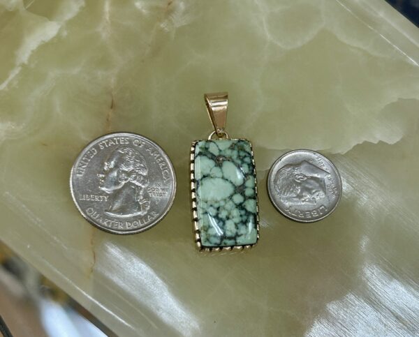 14K Gold Navajo Handmade Spiderweb Varicite Square Rectangular Pendant - Image 6