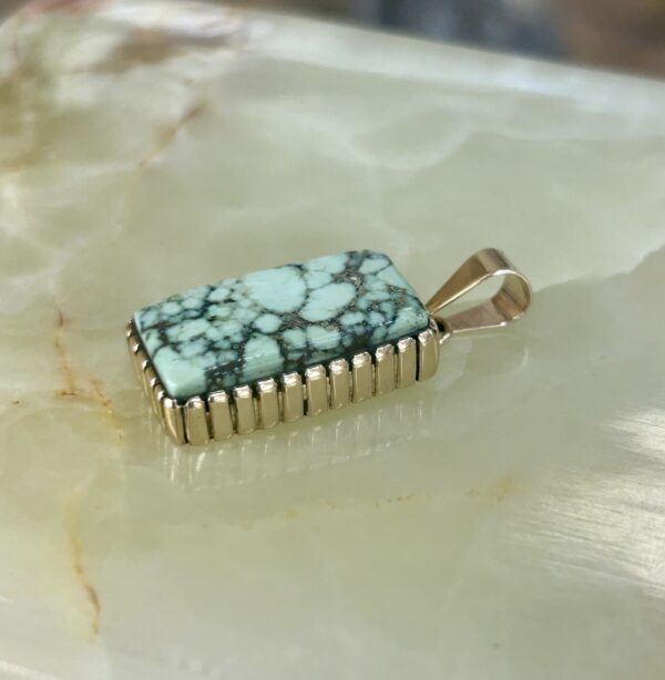 14K Gold Navajo Handmade Spiderweb Varicite Square Rectangular Pendant