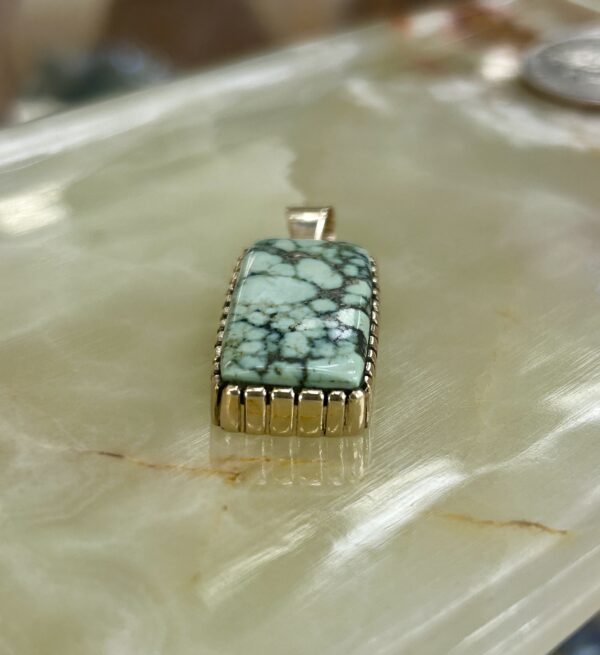 14K Gold Navajo Handmade Spiderweb Varicite Square Rectangular Pendant - Image 3