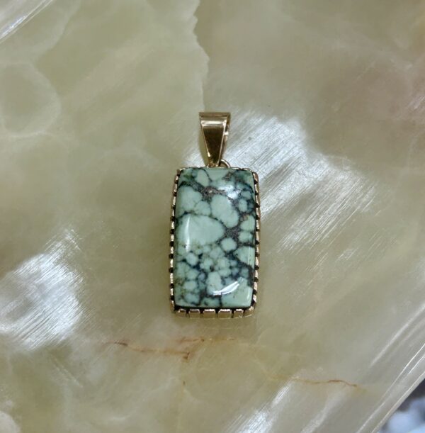 14K Gold Navajo Handmade Spiderweb Varicite Square Rectangular Pendant - Image 2
