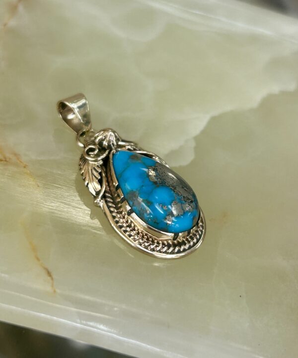 14K Gold Morenci Turquoise Navajo Handmade Pendant - Image 7