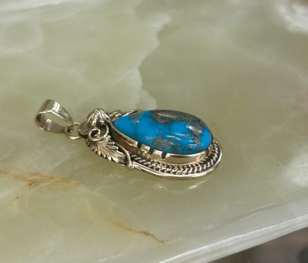 14K Gold Morenci Turquoise Navajo Handmade Pendant - Image 6