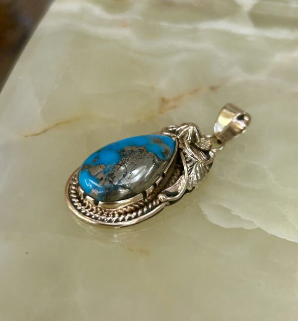 14K Gold Morenci Turquoise Navajo Handmade Pendant - Image 5