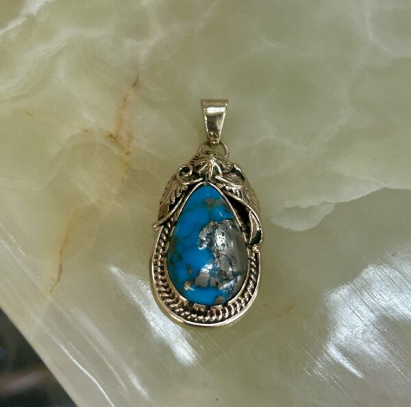 14K Gold Morenci Turquoise Navajo Handmade Pendant