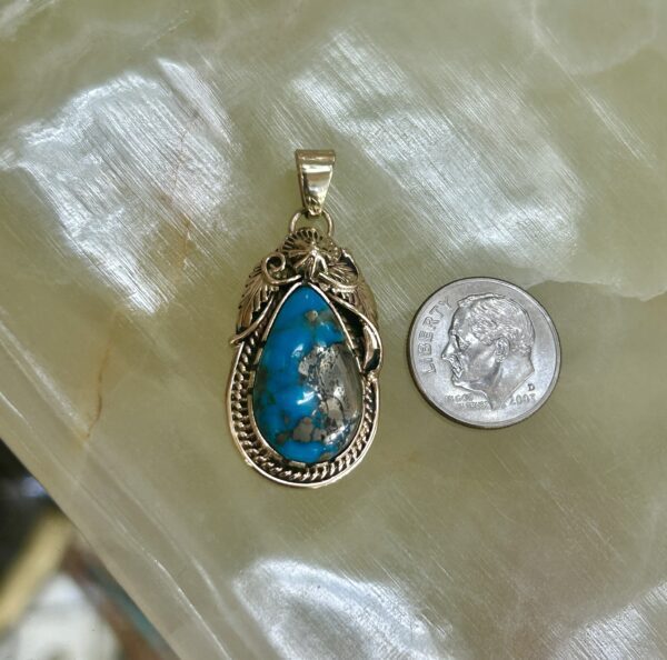 14K Gold Morenci Turquoise Navajo Handmade Pendant - Image 3